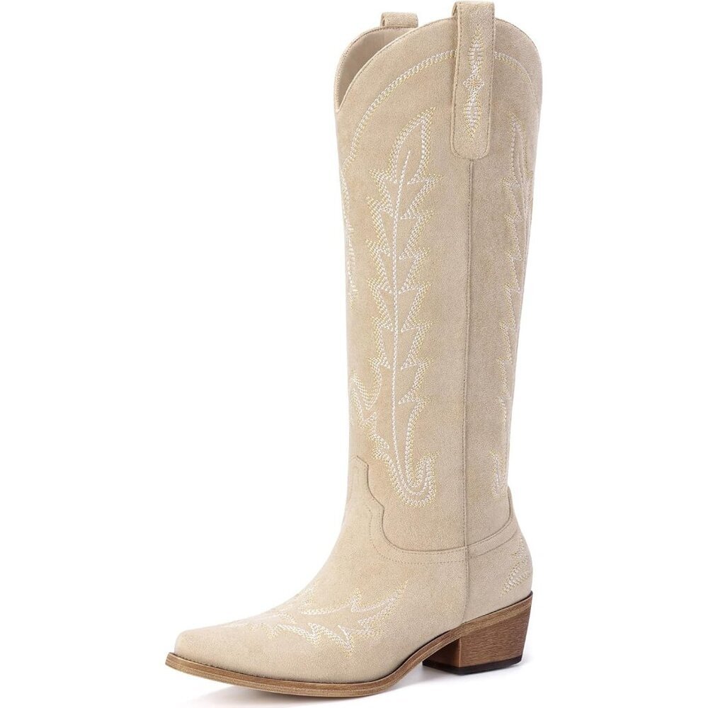⚡ Women Beige Suede Polyurethane Knee High Pointed Toe Chunky Heel Cowgirl Boots
